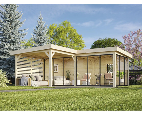Helles Holz Gartenhaus mit teilweise geschlossener Wand und Glasfront