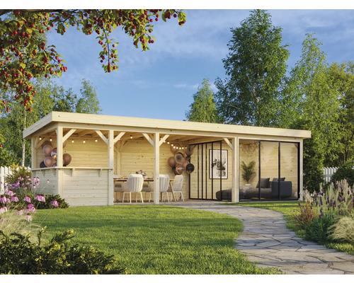Pavillon Palmako Lenna Slide 24,9 m² Set 415 876 x 300 cm tauchimprägniert Holzpavillon mit Sitzbereich und Glaswand im Garten