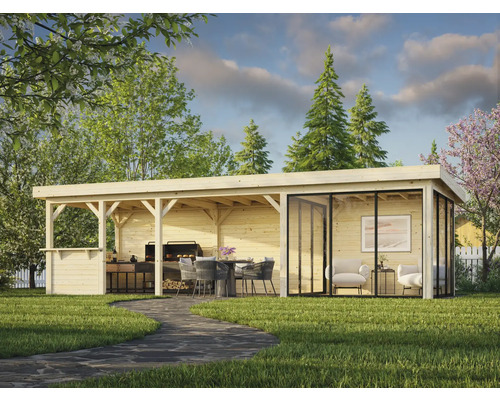 Pavillon Palmako Lenna Slide 24,9 m² Set 416 876 x 300 cm tauchimprägniert Gartenpavillon mit Grillplatz und Sitzecke aus Holz