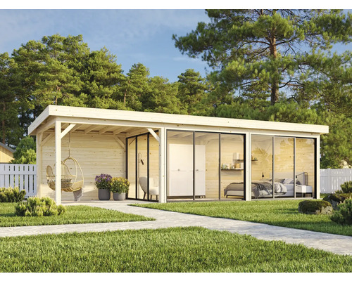 Modernes Gartenhaus mit Terrasse, großen Glasfronten und Schlafzimmerausstattung