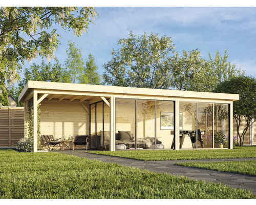 Holz Gartenhaus mit Glasfront und Terrasse im Garten