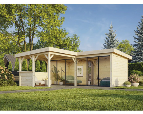 Modernes Gartenhaus mit überdachter Terrasse und Glasfronten in einer Gartenlandschaft.