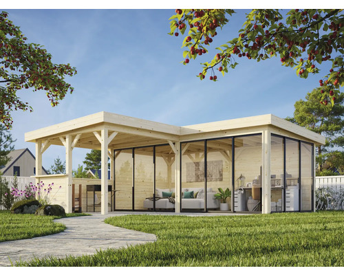 Holzgartenhaus mit Glasfront und überdachter Terrasse auf Rasenfläche