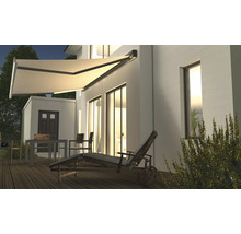 Kassettenmarkise 4x2,5 Stoffdessin 5853 (Mineral) Gestell DB703 dunkelgrau Motor Rechts inkl.LED-Beleuchtung (Ausfallprofil),Fernbedienung