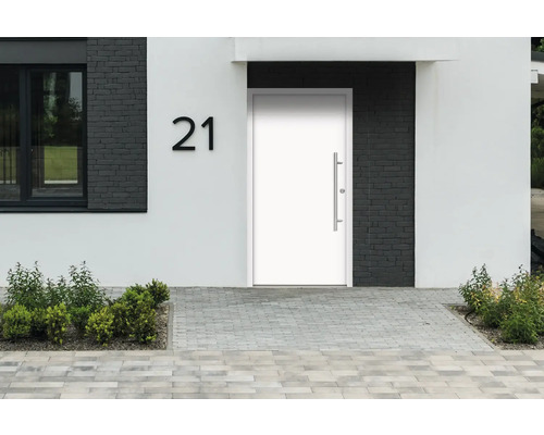 Moderne Hausfassade mit Haustür, Hausnummer 21 und gepflastertem Eingangsbereich