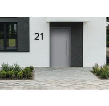 Graue Haustür in einer modernen Hausfassade mit Hausnummer 21.