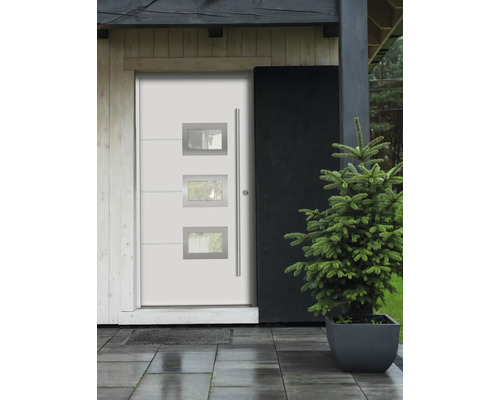 Moderne Haustür mit drei rechteckigen Fenstern und einem langen Griff