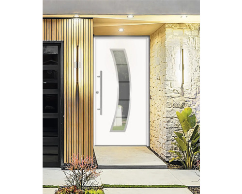 Weiße Haustür mit Glaseinsatz und Edelstahlgriff