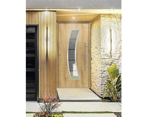 Moderne Haustür mit Glaseinsatz und Edelstahlgriff