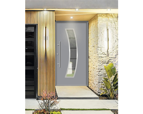 Moderne Haustür mit Glaseinsatz und Edelstahlgriff
