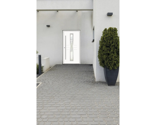 Moderne Haustür mit Glaseinsatz und geradem Griff an einem Haus