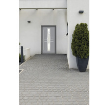 Moderne Haustür mit Glaseinsatz und Edelstahlgriff in einem hellen Gebäude.