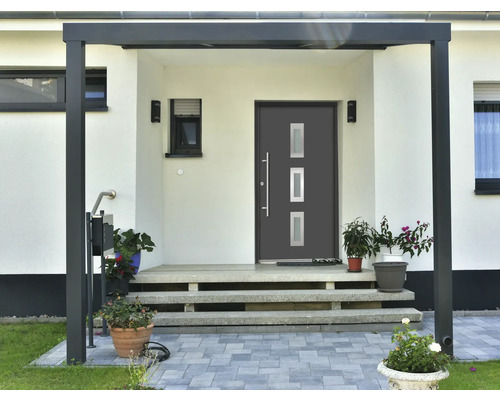 Eingangsbereich eines Hauses mit Haustür, Treppe und Pflanzen