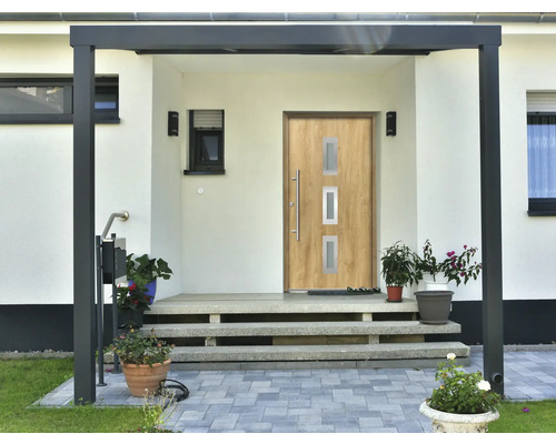 Eingangsbereich eines Hauses mit Haustür, Treppe und Überdachung