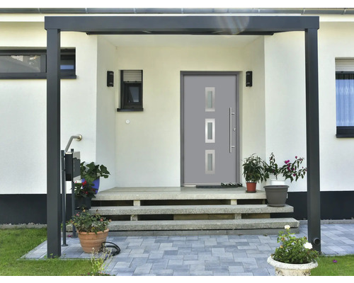 Eingangsbereich eines Hauses mit grauer Haustür, Treppe und Pflanzen