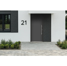 Fassade eines Hauses mit Haustür, Hausnummer 21 und Pflastersteinen