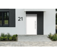 Hausfassade mit Haustür, Hausnummer 21 und Pflasterweg