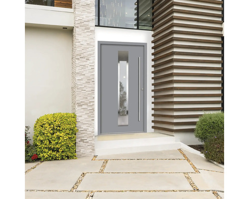 Moderne Haustür mit Glaseinsatz und geradem Griff
