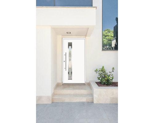 Weiße Haustür mit Glaseinsatz und Edelstahlgriff an einem Wohngebäude.