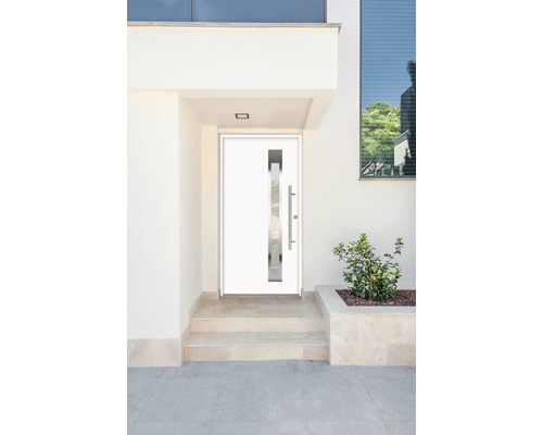 Moderne Haustür mit Glaseinsatz und Edelstahlgriff in einem hellen Eingangsbereich