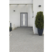 Moderne Haustür mit Glaseinsatz in heller Fassade mit Pflastersteinen.