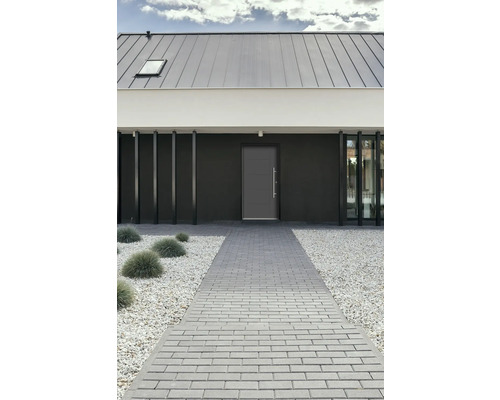 Eingangsbereich eines Hauses mit Pflasterweg, Kies und Haustür