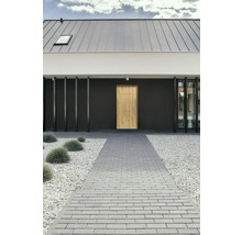 Modernes Haus mit Haustür, gepflastertem Weg und Kiesgarten