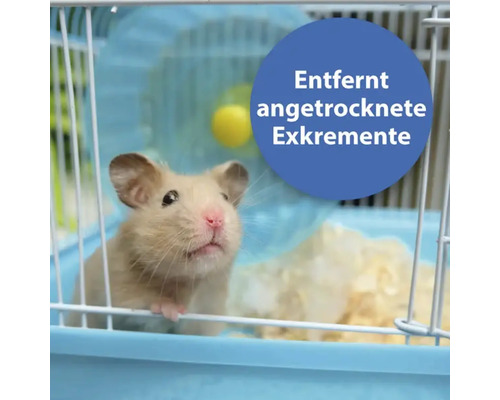 Hamster im Käfig mit Text: Entfernt angetrocknete Exkremente