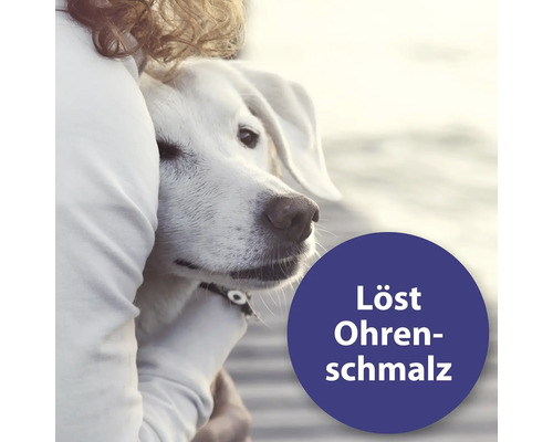 Ein Mensch umarmt einen Hund. Das Produkt löst Ohrenschmalz.