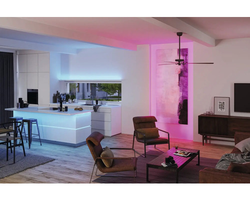Offener Wohnbereich mit Küche, Deckenventilator und farbiger Beleuchtung