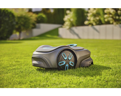 Mähroboter auf Rasen im Garten