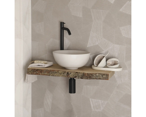 Waschtisch mit Holzplatte, Aufsatzwaschbecken und Armatur