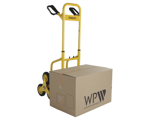 Gelbe Treppenkarre mit Karton