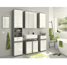Modernes Badezimmer mit Waschbecken, Spiegelschrank und Hochschränken in Grau und Weiß