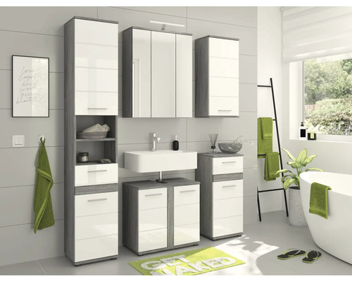Modernes Badezimmer mit Waschbecken, Spiegelschrank und Hochschränken in Grau und Weiß