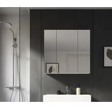 Badezimmer mit Duscharmatur, Waschbecken und Spiegelschrank