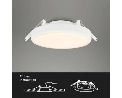 Weiße Einbauleuchte mit Installationsschema