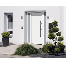 Außenansicht eines Hauses mit weißer Haustür und Pflanzen