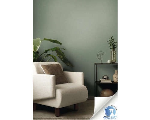 Wohnzimmer mit Sessel, Zimmerpflanzen und Regal vor einer Wand mit Aqua Grip Technology