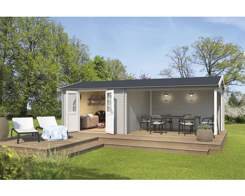 Gartenhaus Outdoor Life Amarillo inkl. Anbaudach mit Rückwand 730 x 388,5 cm hellgrau Gartenhaus Outdoor Life Amarillo inkl. Anbaudach mit Rückwand 730 x 388,5 cm hellgrau