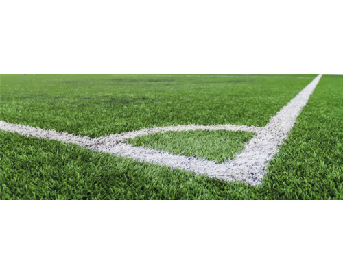 Nahaufnahme eines Fußballfeldes mit Rasen und Eckmarkierung