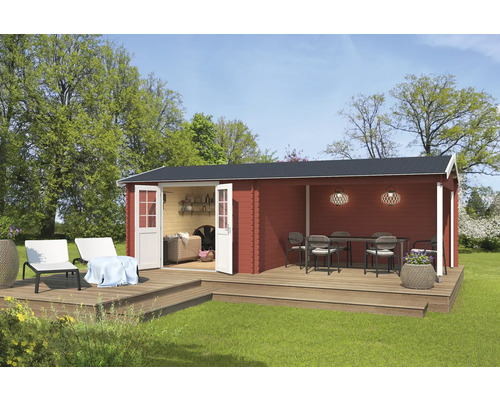 Gartenhaus Outdoor Life Amarillo inkl. Anbaudach mit Rückwand 730 x 388,5 cm schwedischrot Gartenhaus mit Terrasse, Gartenmöbeln und offenen Türen.