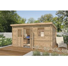 Gartenhaus mit Fenster und Doppeltür auf Holzterrasse