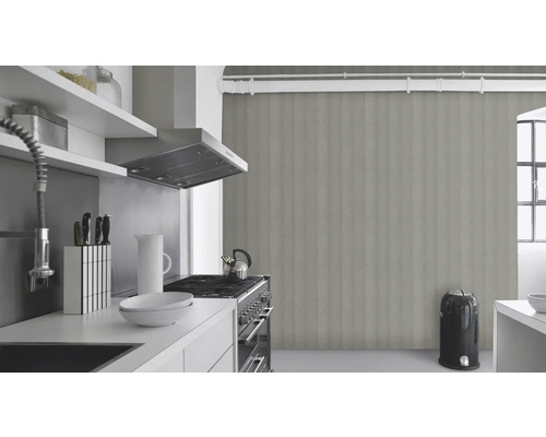 Helle Küche mit Kochfeld, Dunstabzugshaube und Spüle.