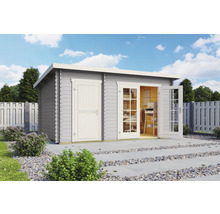 Graues Gartenhaus mit Büroausstattung und geöffneten Doppeltüren