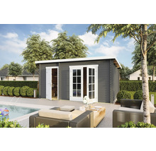 Garten mit modernem Gartenhaus aus Holz, Pool und Sitzgelegenheiten