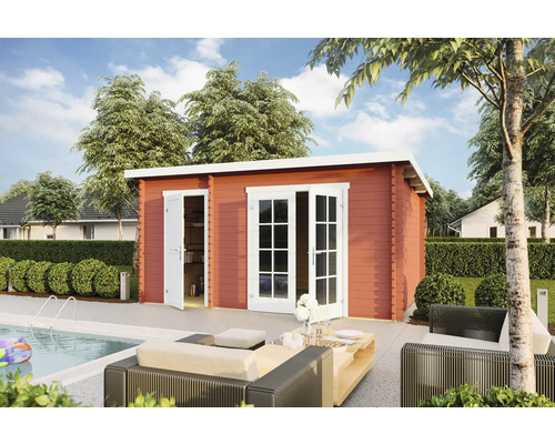 Gartenhaus Outdoor Life Belmont 2 inkl. Fußboden 465 x 318,9 cm schwedischrot Gartenhaus aus Holz mit Pool und Sitzgelegenheiten im Außenbereich