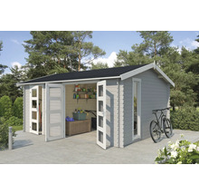 Gartenhaus mit Doppeltür und Fahrrad daneben
