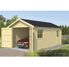 Holzgarage mit Fenster und Autoeinfahrt