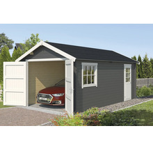 Holzgarage mit Fenster, Tür und geöffnetem Garagentor